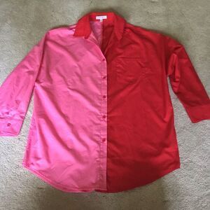Cloud Ten Pink Red Colorblock Oversized Button Up Blouse